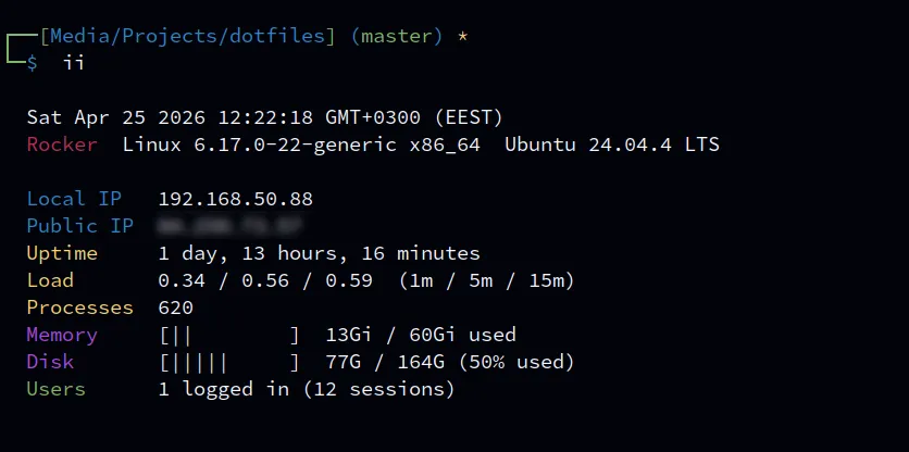 ii output: date, host, kernel, IPs, uptime, load, memory and disk bars, users