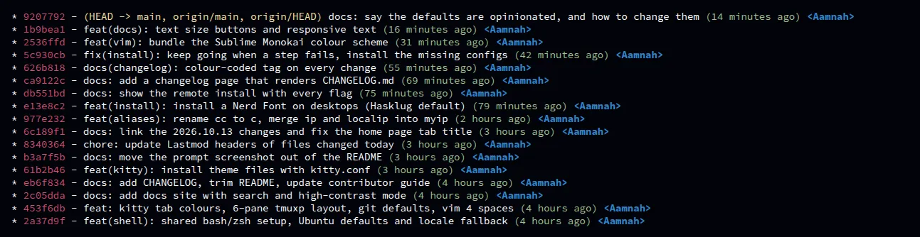 git lg: one coloured line per commit with hash, message, age and author