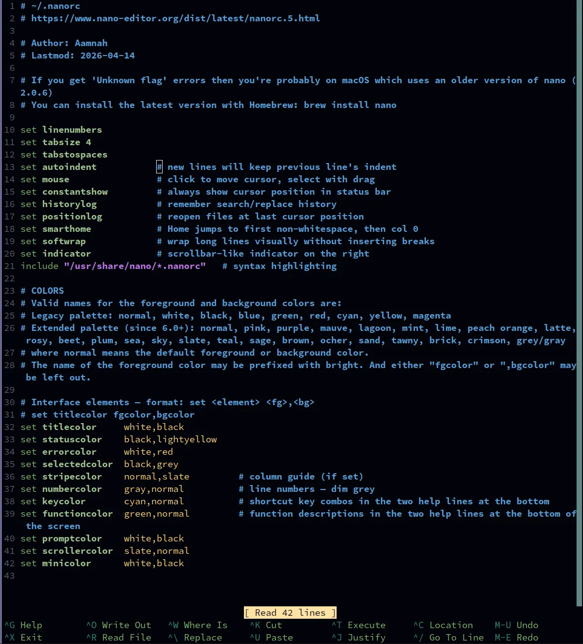 nano with this config: line numbers, colours, scrollbar
