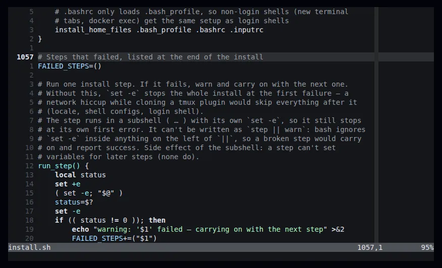 Neovim showing part of install.sh with relative line numbers, a highlighted cursor line and guide columns