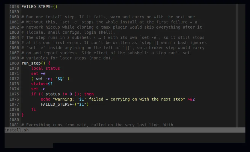 Vim with the Sublime Monokai colour scheme, showing part of install.sh indented with tabs